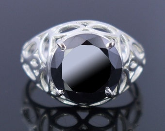 5.00 Ct Certified Round Brilliant Cut Black Diamond Solitaire Designer Ring, 925 Sterling Silver, Excellent Cut & Luster