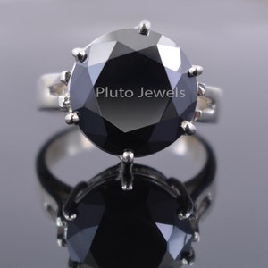 5Ct-10Ct Certified Black Diamond Solitaire Ring in 925 Sterling Silver, Round Brilliant Cut, Customized Finish, Great Spa