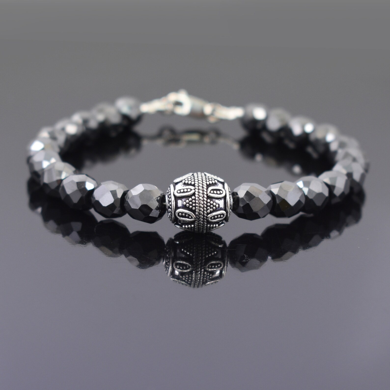 8 mm Black Diamond Bracelet With Designer Silver Finding Bead Etsy