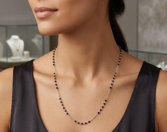 24 Inch Black Diamond Minimalistic Necklace, 2.5mm Black Diamond Beads, 925 Sterling Free 1ct Diamond Studs