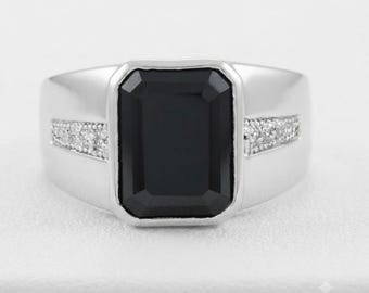 Stunning 5.50 Ct Emerald Cut Black Diamond Ring With Accents, Gift for Him