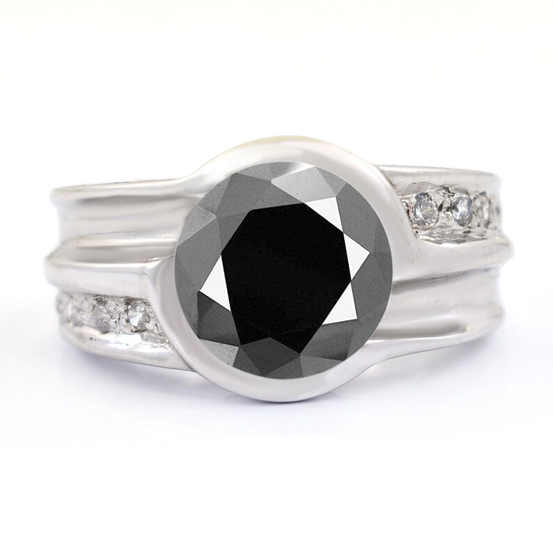Men Ring Black Gold 4ct,5ct Black Diamond Solitaire Ring With White Diamond Accents in White Gold Custom Size