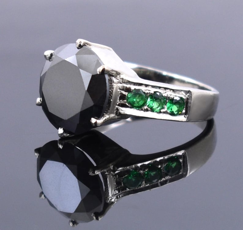5ct,6ct Round Brilliant Cut Black Diamond Solitaire Ring With Emerald Accents,Ideal Engagement Ring,Promise Ring