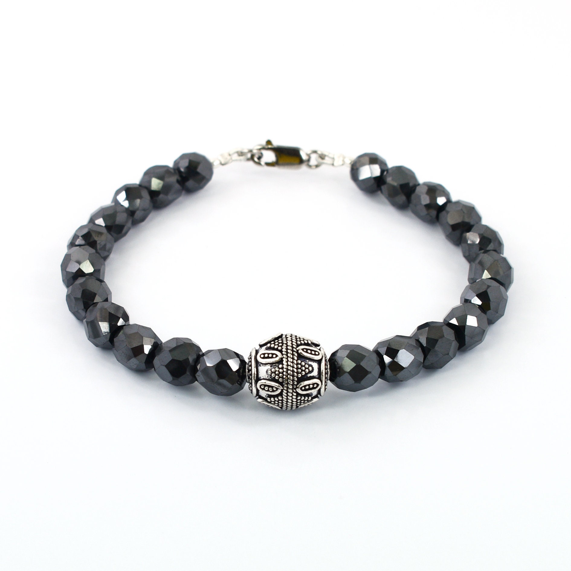 8 mm Black Diamond Bracelet With Designer Silver Finding Bead Etsy