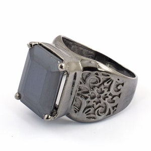 AAA Certified Emerald Cut 7.00 Ct Black Diamond Solitaire Ring in Vintage Style, Black Finish