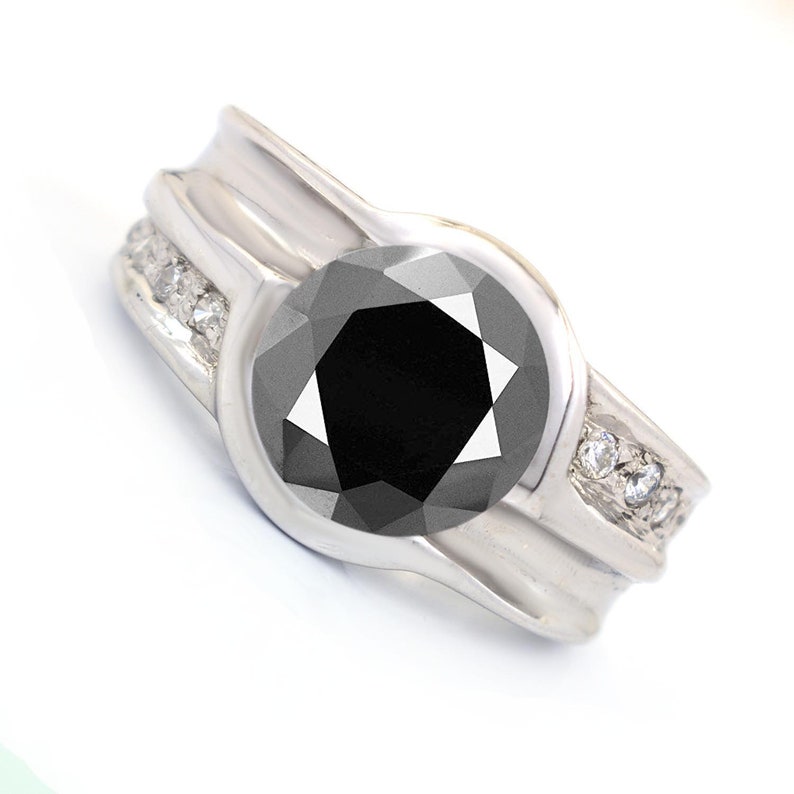 Men Ring Black Gold 4ct,5ct Black Diamond Solitaire Ring With White Diamond Accents in White Gold Custom Size