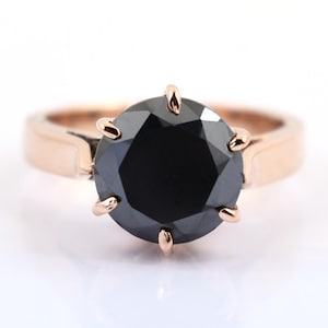 Certified 3ct-5ct Black Diamond Solitaire Ring In 6 Prong Setting, Rose Finish, Excellent Luster