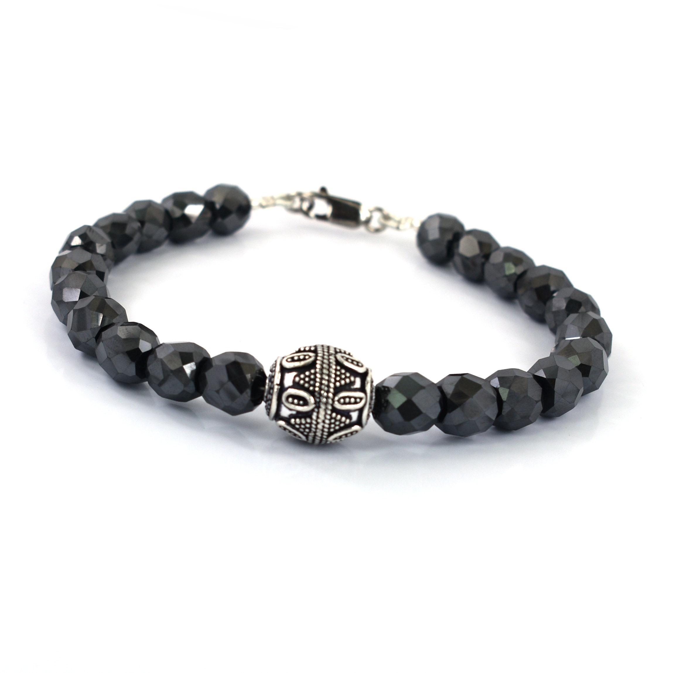 8 mm Black Diamond Bracelet With Designer Silver Finding Bead Etsy