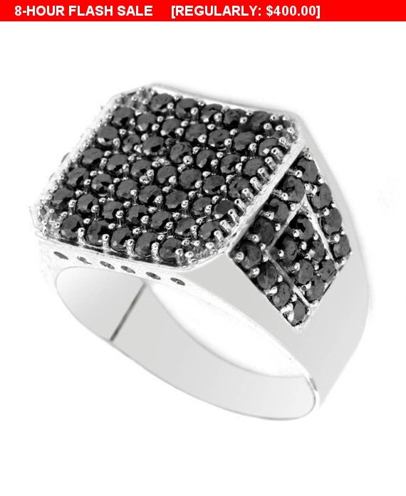 Pave Setting Black Diamond Men's Ring in Sterling Silver Etsy