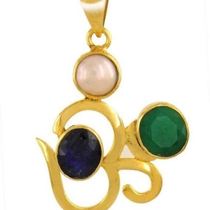 Certified And Energized Pearl, Emerald and Blue Sapphire Gemstone Aum Pendant ,Birthstone Jewelry