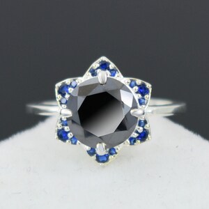 3ct Black Diamond Solitaire Ring with Sapphire Accents, 925 Silver, Excellent Cut & Luster