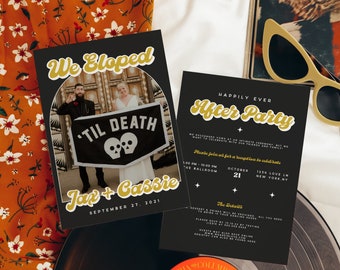 Tarjeta de anuncio de fuga retro, invitación de boda disco, anuncio de fuga, invitación de boda personalizable, boda gótica, Halloween