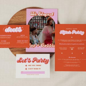 Retro Wedding Invitation Bundle, Retro Elopement Announcement Card, Disco Wedding Invitation, Customizable Wedding Invite, Retro Bundle