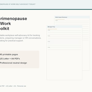 Puede incluir: Un kit de herramientas Perimenopause at Work con dos páginas imprimibles tituladas Work Impact Summary y Manager Prep. El diseño incluye encabezados de texto, secciones con líneas para notas y una lista de 40 páginas en formato US Letter y A4.
