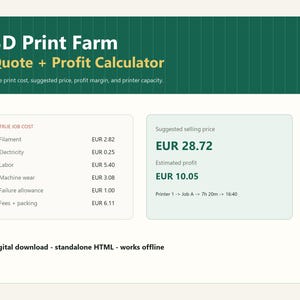 Puede incluir: Una interfaz digital de calculadora de presupuestos y beneficios para granjas de impresión 3D. El encabezado verde oscuro muestra el título y subtítulo. Dos paneles claros muestran los costes reales en EUR, precio sugerido y beneficio estimado.