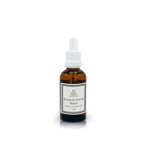Puede incluir: Una botella de vidrio marrón con un gotero blanco y una etiqueta blanca que dice "Elixir of Youth Serum, Rosewood and Frankincense, 30ml".