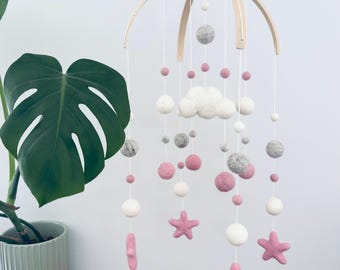 Felt baby mobile | Felt cloud & stars | baby nursery decor | crib mobile | baby shower | baby girl dusty pink, light grey + cream