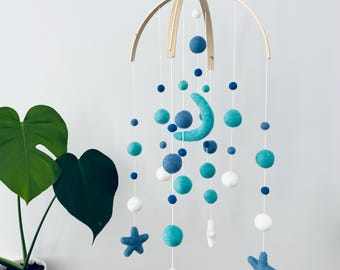 Felt baby mobile | Felt moon & stars | baby nursery decor | crib mobile | baby shower | baby boy ocean blues, turquoise + white
