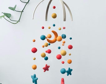 Felt baby mobile | Felt moon & stars | new baby nursery decor | crib mobile | baby shower gift | mustard, red, orange + teal