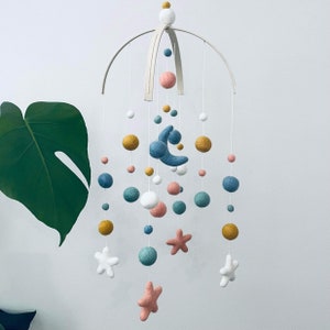 Felt baby mobile, standard with moon & stars | crib mobile | neutral nursery decor | mustard, sage, pastel blue, white + coral