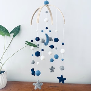 In stock | Felt baby mobile, standard double arch with felt moon and stars | crib mobile | nursery decor- baby boy navy, blue, grey & white