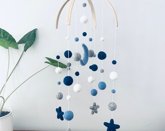 Felt baby mobile, standard double arch with felt moon and stars | crib mobile | nursery decor- baby boy navy, blue, grey & white