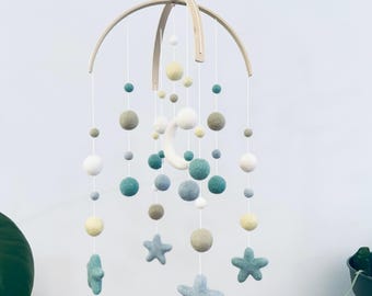 Felt baby mobile | Felt moon & stars | baby nursery decor | crib mobile | baby shower | neutral greens, grey, pale yellow, cream