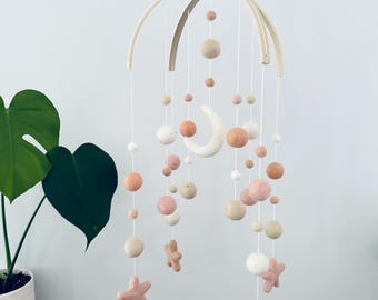 Felt baby mobile | Felt moon & stars | baby nursery decor | crib mobile | baby shower | baby girl peach, light pink, sand + cream