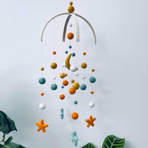 Felt baby mobile, standard with moon & stars, neutral crib mobile | nursery decor | orange, sage, cream + mustard | baby shower gift