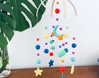 Felt baby mobile | Felt moon & stars | baby nursery decor | crib mobile | baby shower | gender neutral bright rainbow colours