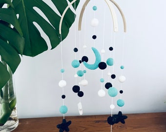 In stock | Felt baby mobile | Felt moon & stars | baby nursery decor | crib mobile | baby shower | gender neutral black, turquoise + white