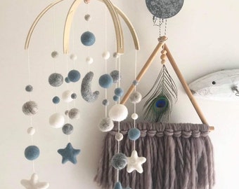 Felt baby mobile, standard double arch with felt moon & stars- baby boy crib mobile | nursery decor | pastel blue, greys and white