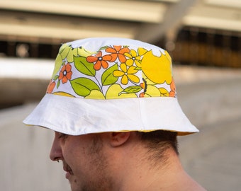 The FRUITZY // Adult sizes enbrodered BUCKETHAT \\ 5 panel hat/cap sustainable, handmade, slowmade and recycled from Montreal by Sous-Bois