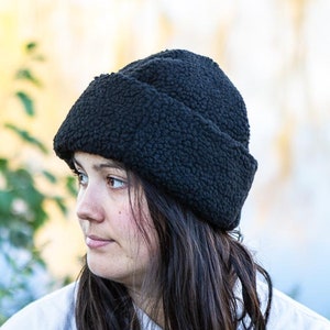 The BLACK SHERPA BEANIE // 4 sizes for adults & kids/ Handmade polar fleece recycled wintercap // Fisherman&#39;s cap from Montreal by Sous-Bois