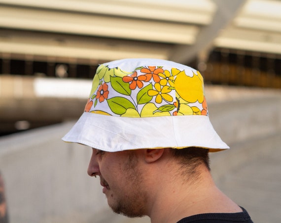The FRUITZY // Adult Sizes Enbrodered BUCKETHAT 5 Panel Hat/cap  Sustainable, Handmade, Slowmade and Recycled From Montreal by Sous-bois 