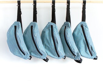 Checkered blue FANNY PACK // Upcycled Reusable Bag \\Bum Bag, eco-friendly and handmade by Sous-Bois in Montreal