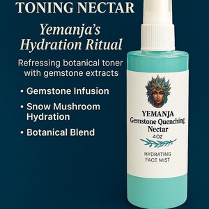 Yemanja Gemstone Quench Toning Nectar – Hydrating Face Mist with Malachite, Rhodochrosite & Snow Mushroom | Plant-Based Skincare Elixir
