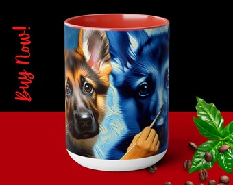 NEW MERCH!!** German Shepard Puppy with Succulents Portrait!  Picasso inspired - Two-Tone Coffee Mugs, 15oz - Best Gift For the Dog Lover!