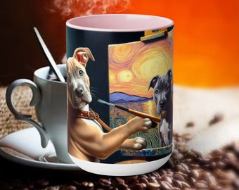 NEW MERCH!!**  Pitty Pup Self Portrait! Van Gogh inspired - Two-Tone Coffee Mugs, 15oz - Best Gift For Dog Lover! Staffordshire Bull Terrier