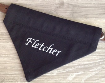 Personalized Dog Bandana in Black Cotton Drill, Embroidered with your Pets Name, in an over the collar design Small or Medium Size