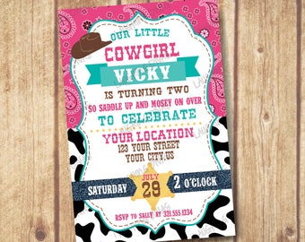 Our Little Cowgirl Birthday Invitation; Sheriff Badge Cowgirl Invite, Pink Paisley and Denim Birthday Party