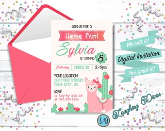 Llama Birthday Invitation; Llama Fun Cactus Invitation; Alpaca Birthday Invite; Cactus Fiesta Invitation