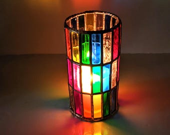 Victorian Stained Glass Lamp / Candle Holder -  Bee Wax Candle & String Fairy Light options