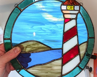 Lighthouse Ocean Suncatcher - Antique Stained Glass -  10" - Choose style