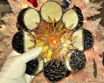 Moon Phases & Fire Sun -  9.5" - Antique Stained Glass