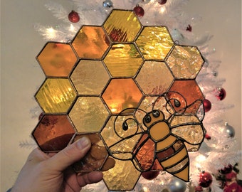 Father's Day - Stained Glass Bee & Honeycomb Suncatcher - Antique Glass