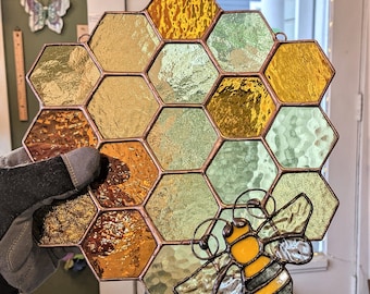 Handcrafted Stained Glass Honeycomb Suncatcher with Bee