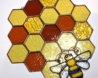 Father's Day - Stained Glass Bee & Honeycomb Suncatcher - Antique Glass