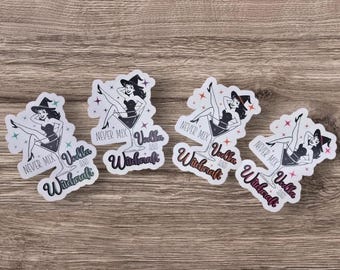 May include: Four white stickers with a witch illustration in a martini glass. The stickers have the text "NEVER MIX Vodka and Witchcraft" in black and white. The witch is wearing a black hat and dress.