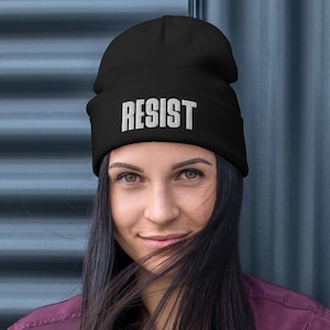 Resist Embroidered Knit Beanie, Resistance Skull Cap